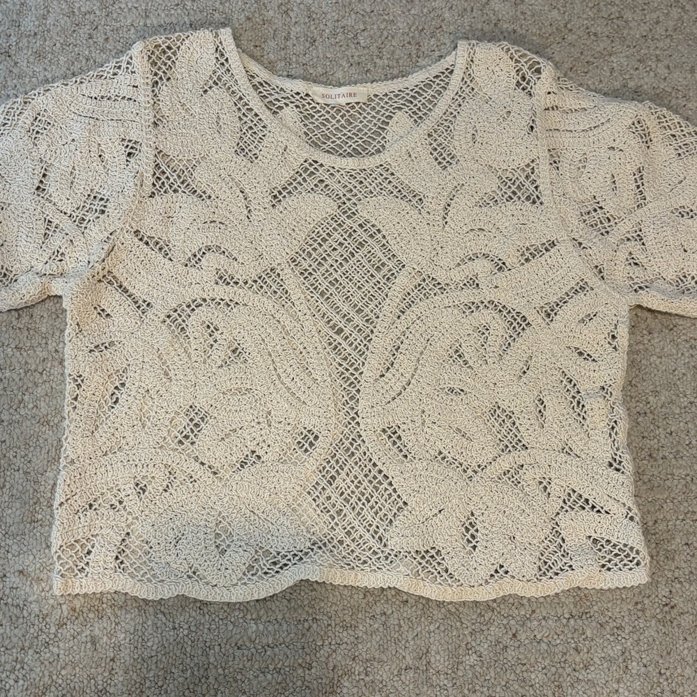 Solitaire Crochet Knit Crop Top Sz L Ivory Boho Cottagecore Festival
